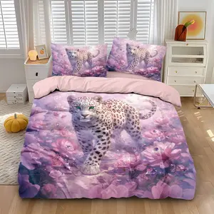 3-piece quilt cover set (1 quilt cover +2 pillowcases, coreless) Dream purple pink flower snow leopard quilt cover green pupil gemstone leopard print soft and comfortable bedding, suitable for all rooms