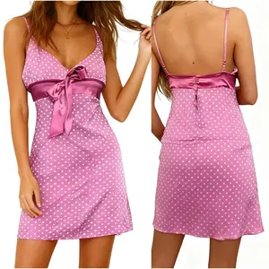 Women Slip Dress, Spaghetti Straps V-neck Backless Tie-up Dots Print Summer Mini Dress
