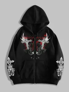 Men's Gothic Dark Style Graphic Printed Zipper Hoodie, Fashion Streetwear for Casual Occasions, Perfect Match for Trendy Fitted Fabric