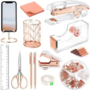 Rose Gold Desk Accessories Set - Complete Acrylic Office Supplies with Stapler, Pen Holder & More