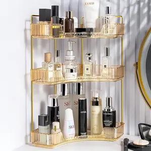 Multi-layer Corner Cosmetic Storage Rack: 21cm Layer Spacing, Transparent Material with Gold Frame;Suitable for Bathroom Vanity, Vanity and Bedroom Corners;Designed with 90-degree Angles, High Protection Rails, Space-saving Classification Storage for Skin