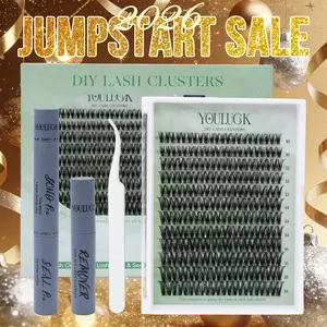 YOULUCK Velvet Touch 2.0 Gray Glue Lash Clusters Upgraded – Waterproof Lightweight Natural Fluffy Individual Eyelash Extensions with Ultra-Thin Band Bond Seal Remover Set Perfect for Beginners