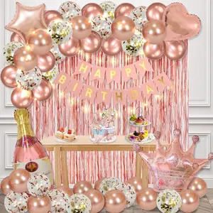 Rose Gold Birthday Decorations for Women with Happy Birthday Banner, Curtains, Bottle, Crown, Heart Star Balloons and LED Light for Birthday Party Supplies
