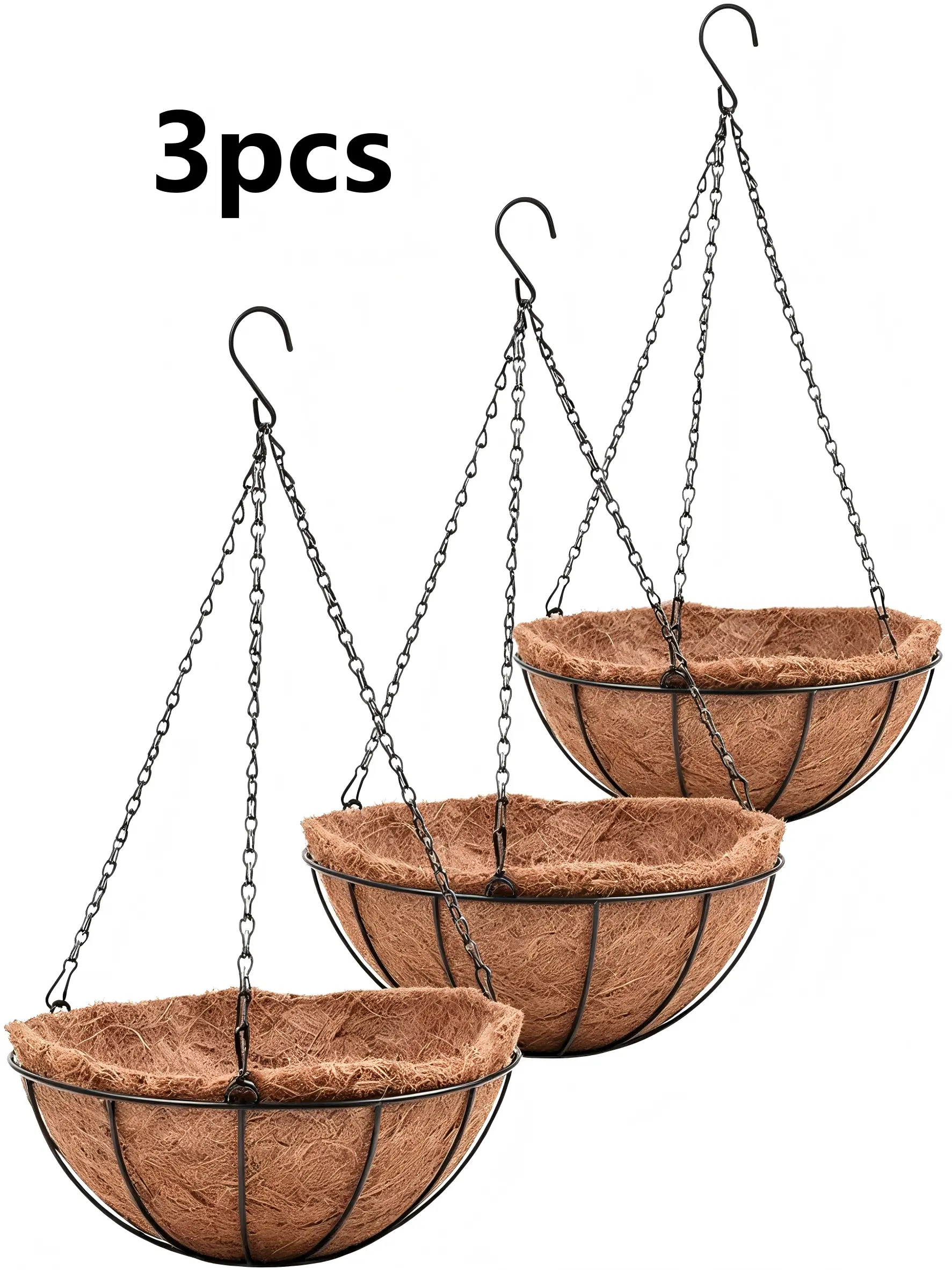 3 Pack Metal Hanging Baskets for Plants, 10.2in Round Hanging Flower Pots with Natural Coco Coir Liner, Anti-Rust Wire Hanging Planters with Chain Hook for Indoor Outdoor Porch Patio Garden Decor