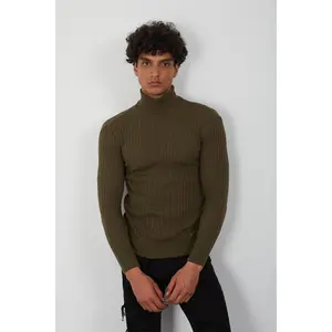 Olive Men’s Turtleneck Sweater-Slim Fit Knit Pullover