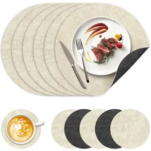 13" Round Placemats Set of 6, Dual-Sided Faux Leather Heat Resistant Table Mats, Waterproof Oilproof Washable Protective Table Placemats with Coaster, Wipeable Vinyl for Indoor & Outdoor Use