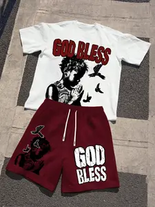 Men's Summer 2-Piece Set, Prayer Boy Graphic Print Round Neck T-Shirt + Outdoor Sports Casual Drawstring Shorts, Loose-Fitting, No Zipper