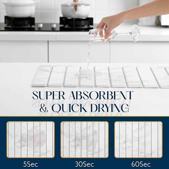 Large Stone Dish Drying Mat - 24" × 16"  for Kitchen Counter, Super Absorbent, Heat Resistant Dish Drying Mats, Eco-Friendly Diatomaceous Earth Stone Rack Tableware Mat ( White Marble) Coasters Stainless Steel Kitchenware