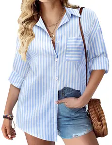 Womens Plus Size Summer Button Down Blouse – Long Sleeve Cotton Casual Collared Shirt with Pocket, Loose Fit, Lightweight Solid Womenswear for Comfortable Fashion