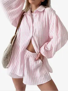 Women's Casual Fashion Long Sleeve Striped Matching Shirt Set, Loose-Fitting Cardigan Top and Shorts Two-Piece Sportswear Womenswear Outfit