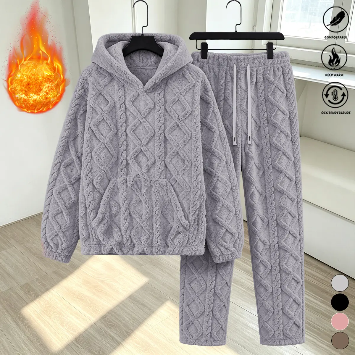 Women’s hooded pajama set for winter, thick and warm homewear, loose fit, suitable for wearing outside, two-piece set, soft and skin-friendly, autumn/winter loungewear with long sleeves and long pants