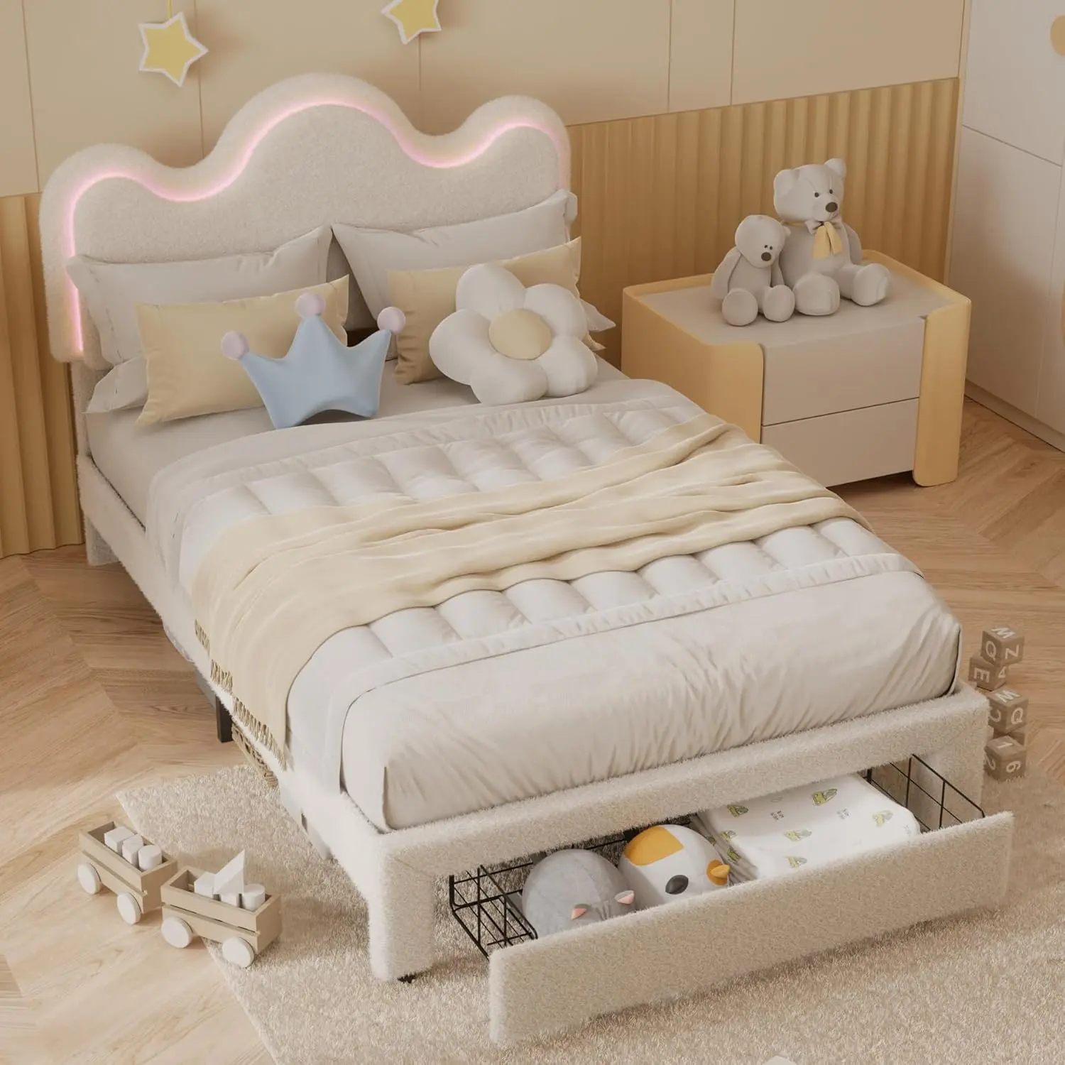 【Christmas Gift】Queen Size Princess Bed Frame with LED Headboard and Storage Drawers Adjustable Boucle Platform Bed for Girls No Box Spring Needed Beige
