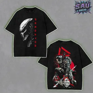 Official Predator Comic Graphic Shirt - Vintage 90s Bootleg Predator Sci-Fi Horror Tee, Retro Washed Boxy-fit Comic Apparel, Heavyweight Cotton Streetwear, Classic Alien Hunter Graphic Tops PGO