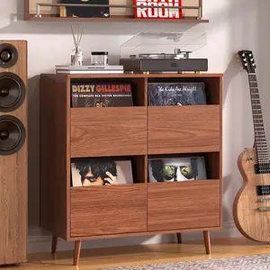 MIIFUNY Record Player Stand, Suitable for 7"/10"/ 12" Vinyl Records, Mid-Century Modern Vinyl Record Storage Cabinet, Turntable Stand, Media Cabinet with DVD Drawers for Living Room, Brown