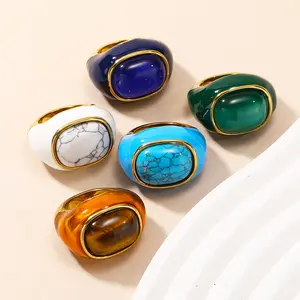 Women's Elegant Multi-Size Copper-Base Costume Ring - Plated Finish with Colorful Enamel Stones, Natural Gemstone Inlays, Gift-Ready for Valentine's Day, Birthday