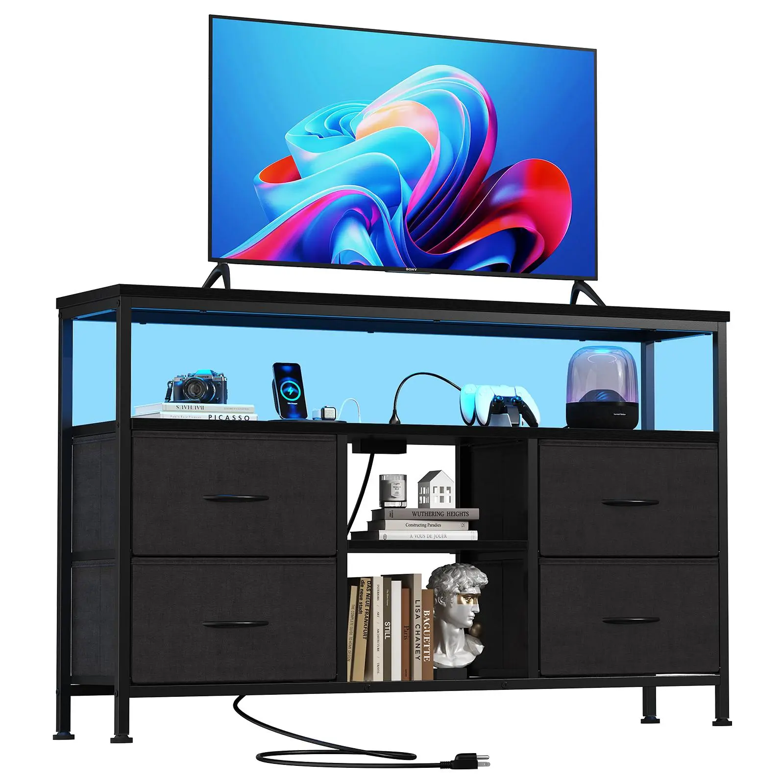 TV Stand Dresser for Bedroom 4 Drawers Entertainment Center with LED Lights and Power Outlets Media Console for 50 Inch TV Living Room Furniture with Open Shelf Adjustable Feet