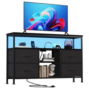 TV Stand Dresser for Bedroom 4 Drawers Entertainment Center with LED Lights and Power Outlets Media Console for 50 Inch TV Living Room Furniture with Open Shelf Adjustable Feet
