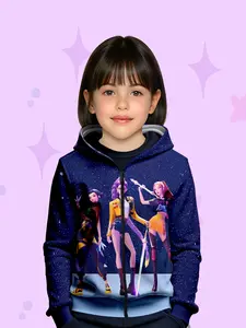Girls Lightweight Hooded Zipper Sweatshirt, Casual Fitted Design, Random Print, Fall & Winter Wear, Trendy and Versatile