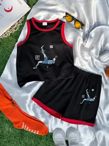 Boys Sleeveless Sports Set, Cr7 Logo Print Top, Breathable Casual Pants, Mesh Sport Fabric, Loose Fit, Ideal for Football Training