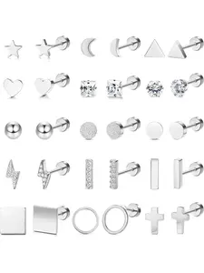 15 Pairs Small Cartilage Earrings Set for Women, Stainless Steel Hoop Earrings with Screw Back, Round Bar Designs with Star, Stripe and Moon Charms