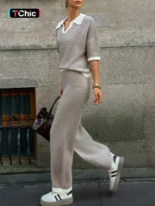 Women's Knit Outfit Set Autumn Winter Casual Elegant Loose Fashion Lapel Pullover Sweater Long Pants Two-Piece