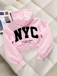 Women's Casual Loose-Fit Hoodie, Letter Print Long Sleeve Short Cropped Sweatshirt, Thick Fabric, All Seasons Wear, Sweet & Youthful Style, Loungewear