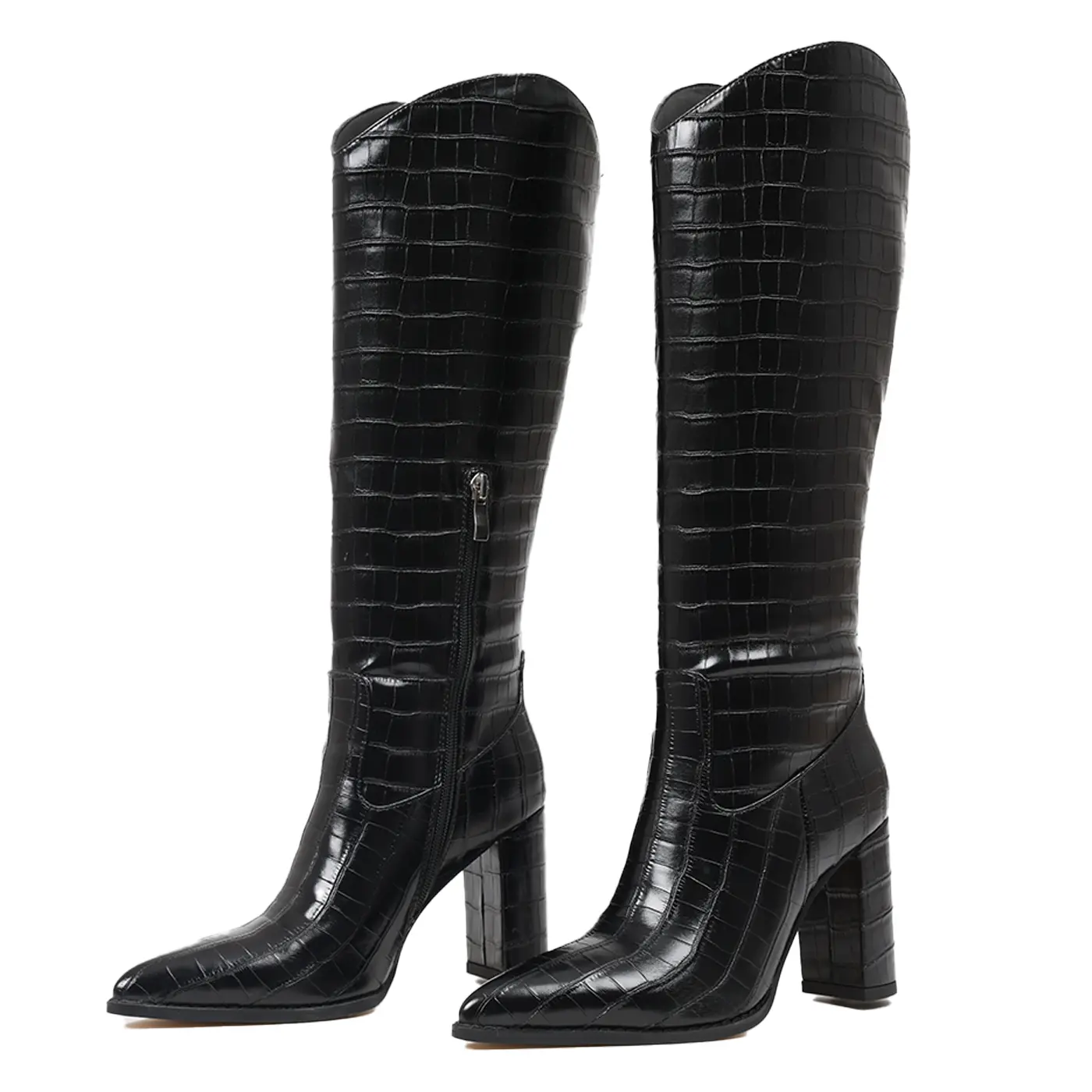 Knee-High Boots for Women, Western Style Crocodile Embossed Faux Leather with a Chunky Heel, Pointed Toe & Side Zip-Up, Chunky Heels, Block Heel
