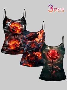 Flame Rose Print Strappy Top, Dark Style Sexy Slim Fit Shirt, Three-Piece Set, Casual Sleeveless All over Print Clothing