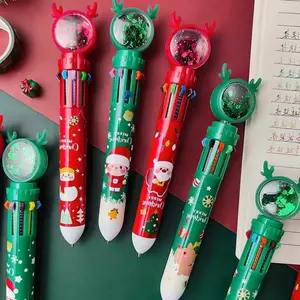 Christmas Glitter Ten Color Round Ballpoint Pen Reindeer Sequins Click Action Colored Ink Pens Student Christmas Gift Random Shipping