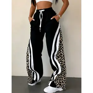 Women's Leopard Print Striped Casual Hip-Hop Drawstring Pocket Pants, Casual Lounge Pants, Loose Fit Knit Long Pants for All Seasons