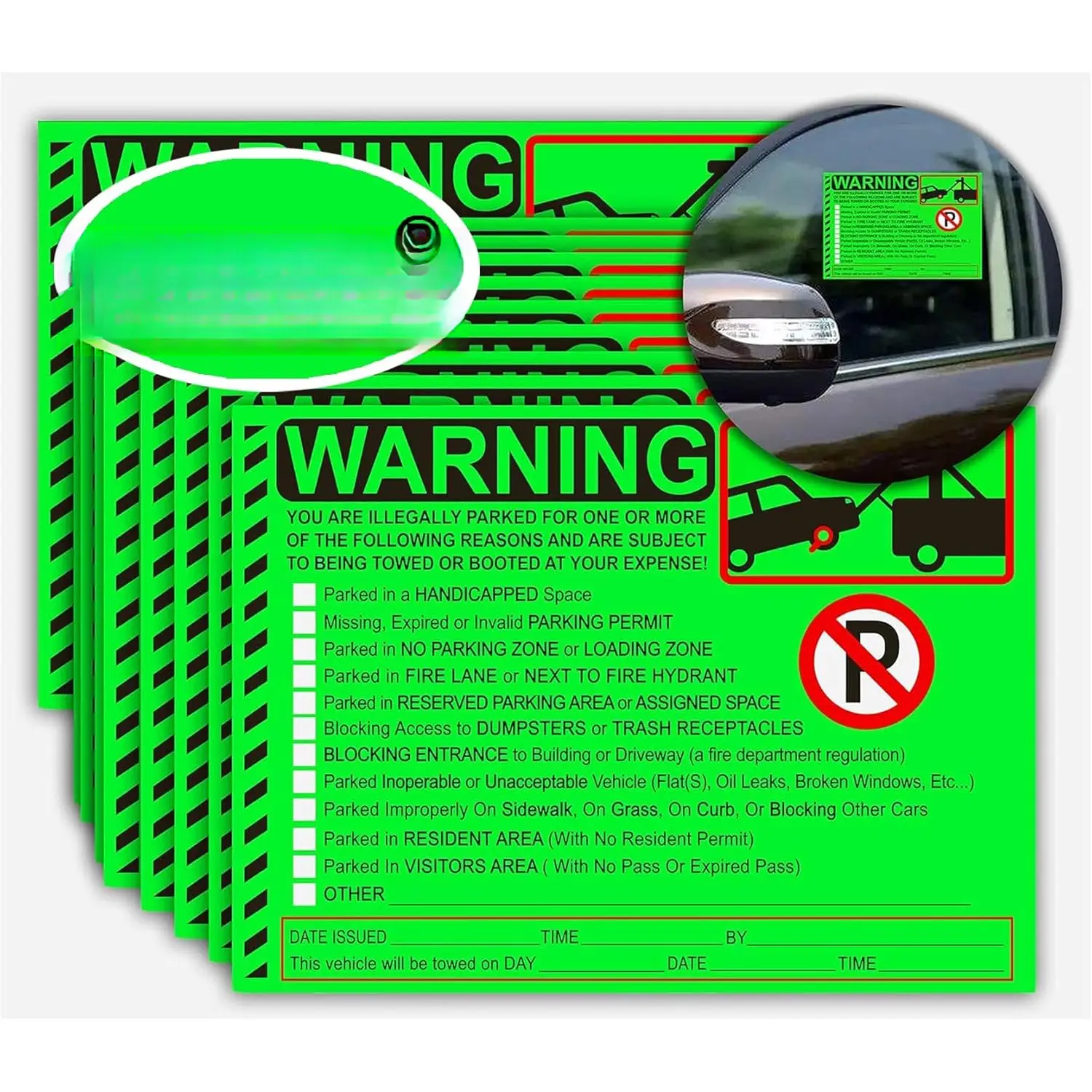 50-Count Synthetic Fluorescent Parking Violation Warning Labels, 5.5x7.5" Green Writable Adhesive Tags for Private Use, Car Windshield & Window Application, Hard-to-Peel for Careless Drivers