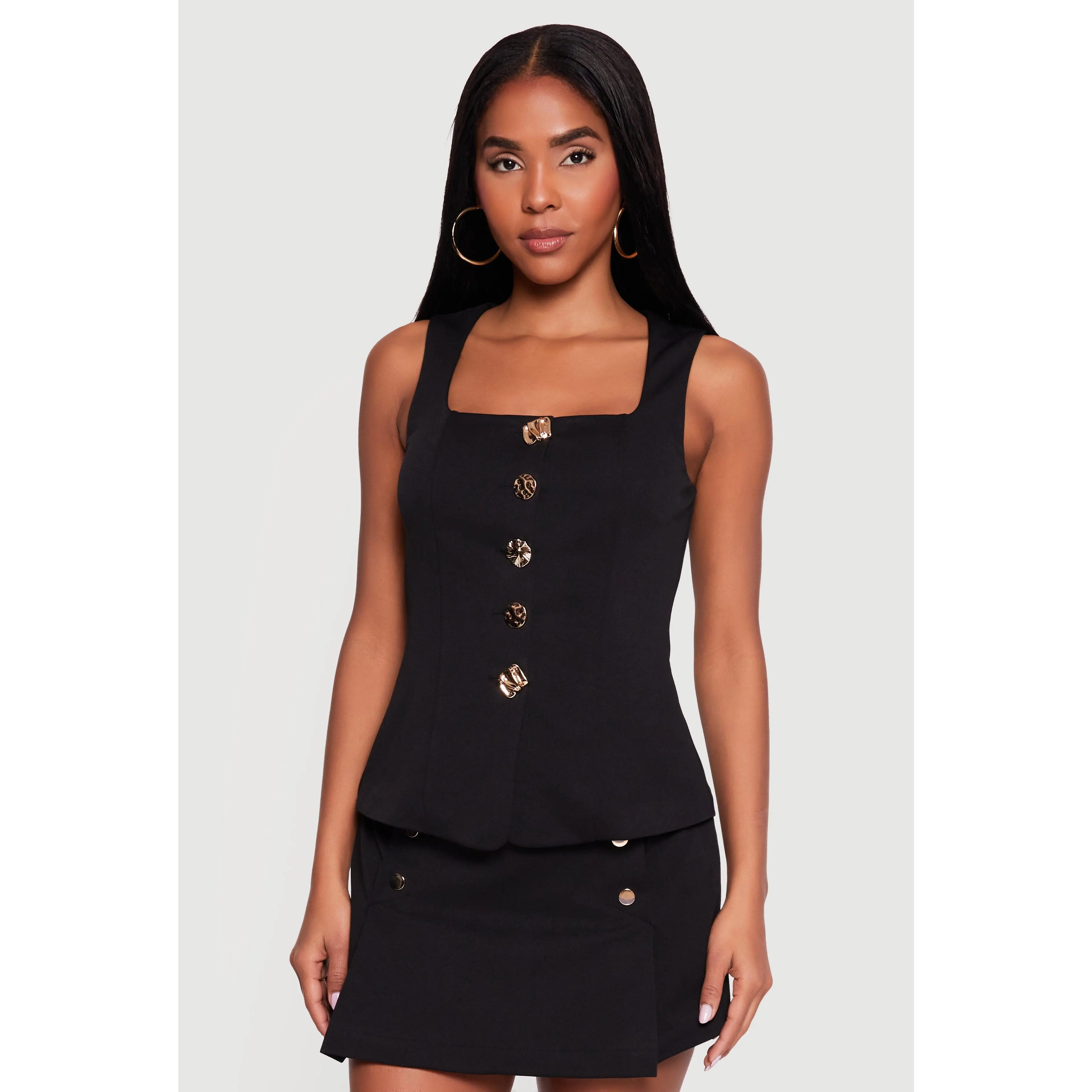 Metallic Button Front Square Neck Waistcoat