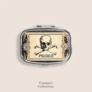 Poison Skull Crossbones Vintage Label Small Pill Box Pill Organiser Ring Trinket Stash Medicine Vitamins Gum Tic Tacs Mint Metal Pill Bottle Case Dispenser Holder Travel Size gifts for girl For Boyfriend under 100 dollars