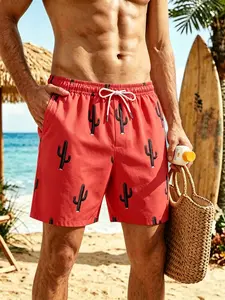 Men's Summer Random Print Cactus Beach Pants, Casual Fitted Style, Lightweight & Breathable, Perfect for Beach Scenes
