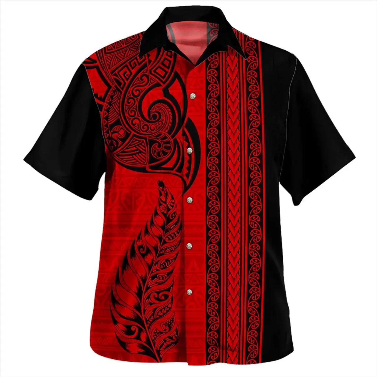 Men's Crimson Red Polynesian Tribal Shirt – Bold Silver Fern Graphic Short Sleeve Hawaiian Button-Down for Beach & Vacation