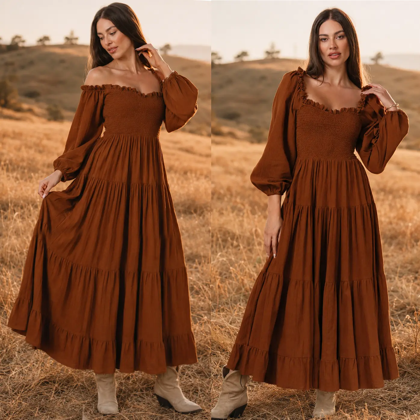 Woman's Brown Cotton Maxi Dress Off-Shoulder Square Neck Ruffle Sleeve Smocked Chest Tiered Skirt Boho Chic Dress For Wedding Outdoor Photoshoot Casual Dating Festival Farm Party