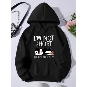Women's Cartoon Penguin & Letter Print Drop Shoulder Hoodie, Fashion Casual Drawstring Pocket Hooded Sweatshirt for Daily Holiday Outdoor Wear, Ladies Clothes for Spring & Fall