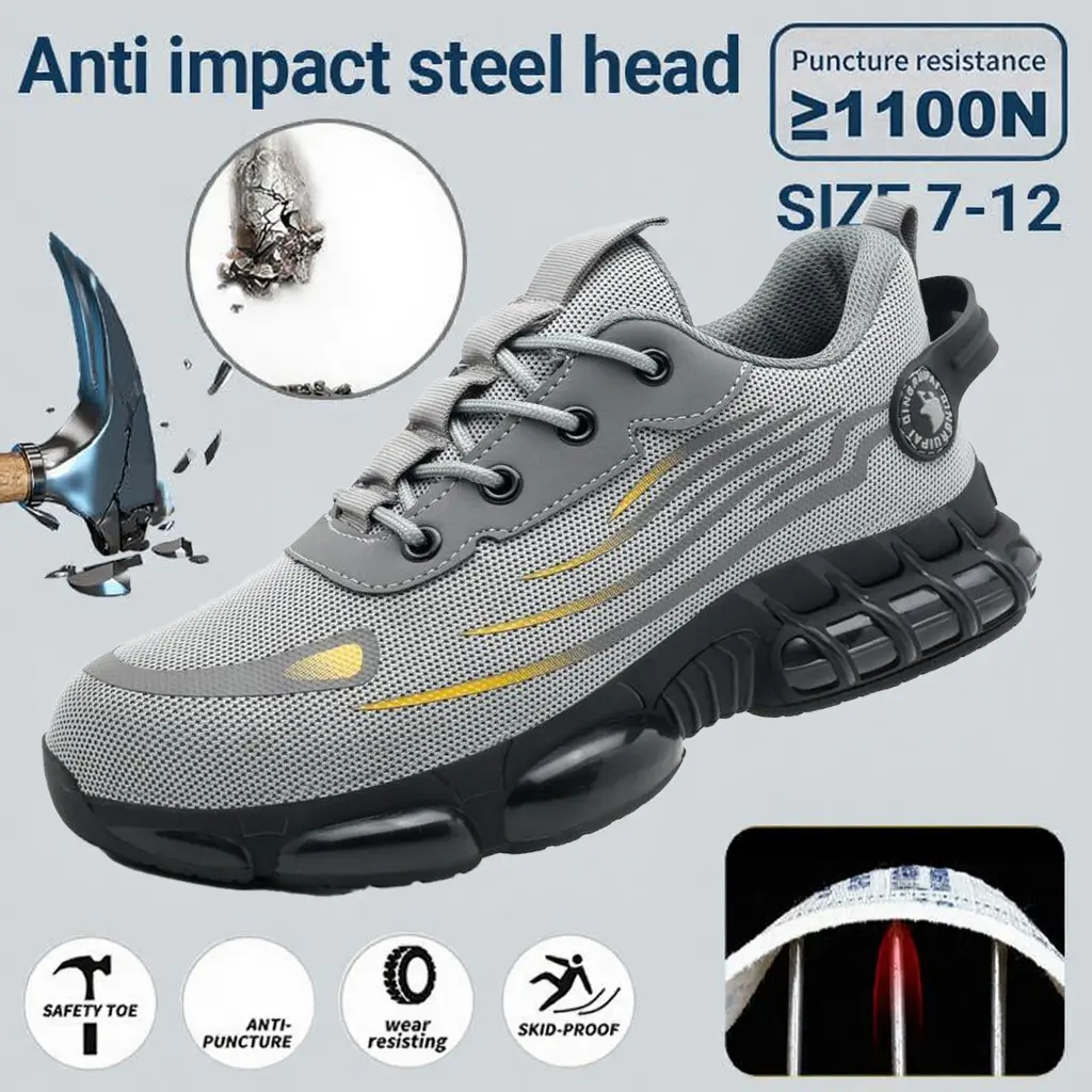 Men's Steel Toe Work Sneakers, Chic Striped Slip-On Safety Shoes, OSHA Compliant Puncture-Resistant Footwear with Elastic Band, Fabric