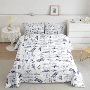 Aircraft Luxury Bedding Set,Airplane Print Designer Comforter Set,Flying Comforter Set, Microfiber Sketch Style Blue White Super Soft Duvet Set