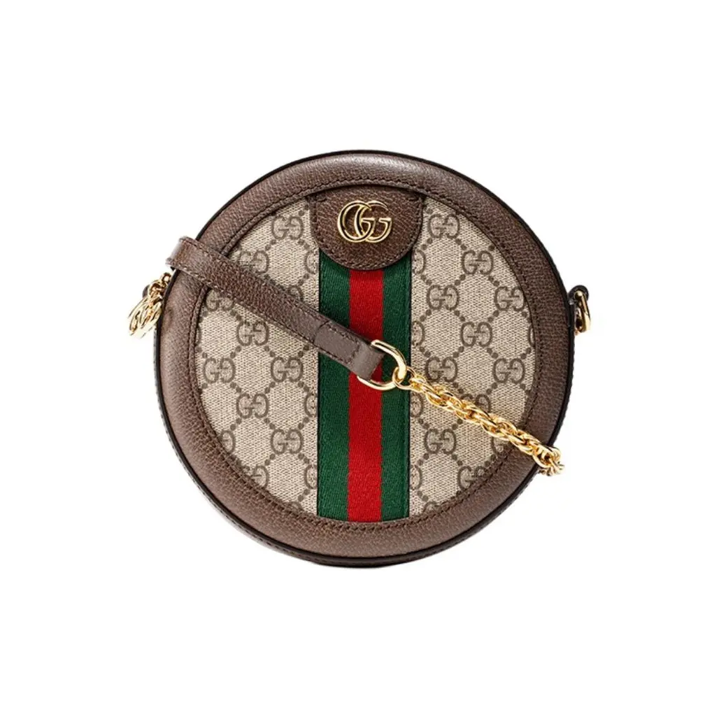 Pre-owned GUCCI canvas Crossbody Bags Mini Ophidia Round Crossbody Bag GG Supreme Brown Leather Trim Web Stripe Gold Interlocking GG Hardware For Women