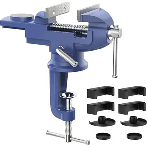 Universal Table Vise 3 Inch, 360 ° Swivel Base Bench Clamp Home Vise Clamp-On Vise Repair Tool Portable Work Bench Vise for Woodworking, Cutting Conduit, Drilling, Metalworking - Blue Heavy Duty Hardware