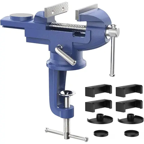 【Father's Day Gift】3" Opening Wide Jaw Universal Table Vise for Home, Chrome-Spindle, 360° Swivel Base, High-Grade Cast Steel, 2.5in Throat Depth, 300kg Clamping Force, Clamp-On Tool for Cutting Metal & Wood, Fits 2.4" Thick Tops, Most Benches - Blue