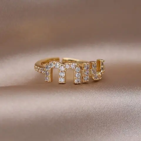 High Gloss Letter Rhinestone Decor Ring, Trendy Geometric Design, Adjustable Open Ring, Fashion Accessory for All Seasons, Initial Rings, Elegant Glittering Ring, Alphabet Letter Ring
