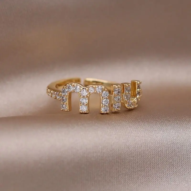 High Gloss Letter Rhinestone Decor Ring, Trendy Geometric Design, Adjustable Open Ring, Fashion Accessory for All Seasons, Initial Rings, Elegant Glittering Ring, Alphabet Letter Ring