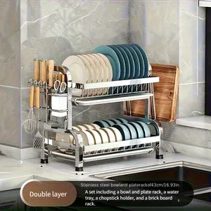 Stainless Steel Two-Tier Kitchen Storage Rack, Multifunctional Drainage Bowl Dish Holder, Dish Drying Organiser, Modern Kitchen Utensils, Durable Kitchen Organizer