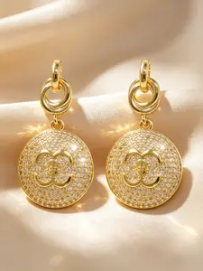 1 Pair 18K Gold-Plated Double C Round Pendant Earrings, Cubic Zirconia Women's Earrings, Luxurious Designer Style Pendant Copper Earrings, Ideal Gift For Her