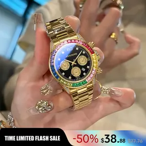 Luxurious rainbow gold watch  with a fully diamond-studded dial; multifunctional, stylish and elegant, waterproof and scratch-resistant—ideal for everyday wear or as a Mother’s Day gift, top choice.