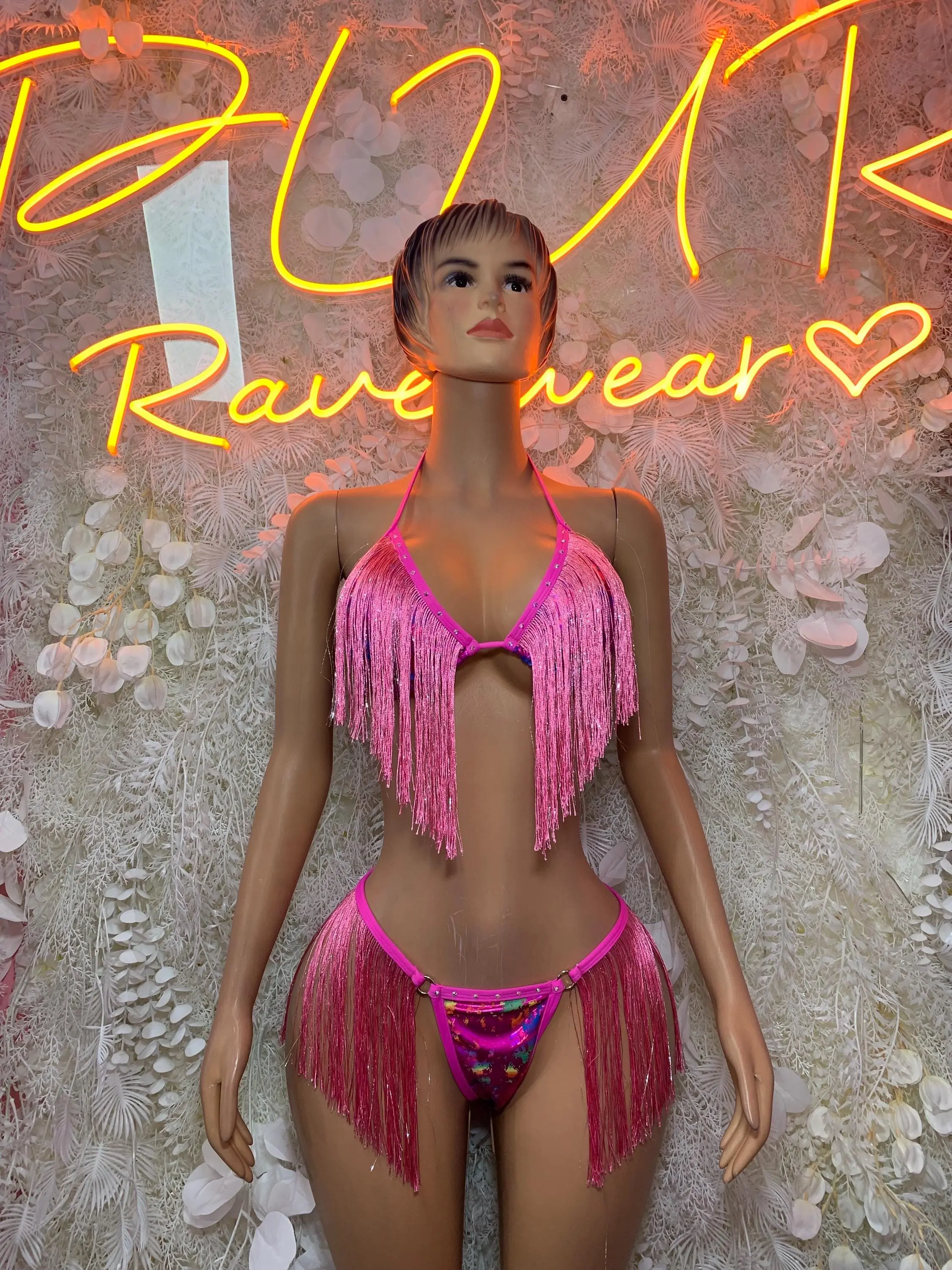 Hot Pink Metallic Fringe Bikini Set: Triangle Top, Festival Clubwear