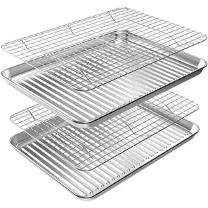 Baking Sheet with Rack Set (2 Pans + 2 Racks), Stainless Steel Cookie Sheet with Cooling Rack, Nonstick Baking Pan, Warp Resistant & Heavy Duty & Rust Free, Size 16 x 12 x 1 Inches