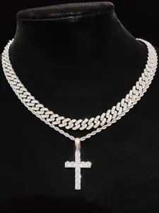 Punk Style Rhinestone Chunky Chain Necklace & Cross Pendant Necklace, Trendy Hip Hop & Cross Necklace for Bf & Gf, Chic Iced Out Jewelry for Party Decor, Charm Necklace, Icy Cross Necklace